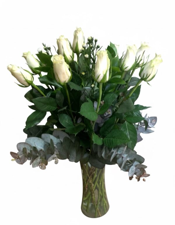 Roses all White Glass Vase